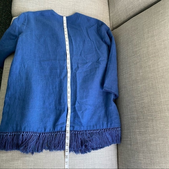 Tory Burch Emily Blue Fringe Trim Linen Blend Open Front Jacket Women’s Size 10 - Picture 8 of 8